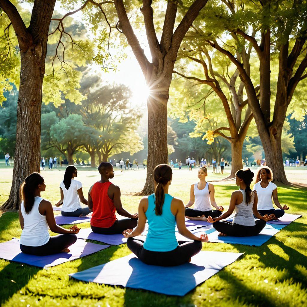 A serene scene depicting a diverse group of people engaging in wellness activities such as yoga, meditation, and group discussions in a bright, nature-filled park. Soft sunlight filters through the trees, highlighting posters with wellness tips and community support information. Include symbols of hope and connection, such as intertwined hands or hearts. The atmosphere should feel uplifting and supportive, inviting a sense of healing and community. vibrant colors. super-realistic.