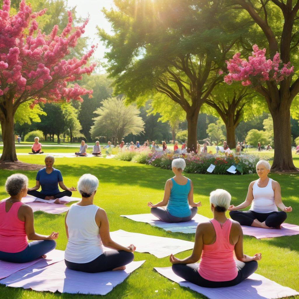A serene scene depicting a diverse group of cancer survivors of various ages, gathered in a sunlit park, symbolizing support and empowerment. They are engaging in wellness activities like yoga and meditation, surrounded by blooming flowers and lush green trees. In the background, visible resources like pamphlets and support group meeting signs add context. Bright and uplifting colors convey hope and positivity. super-realistic. vibrant colors. peaceful atmosphere.