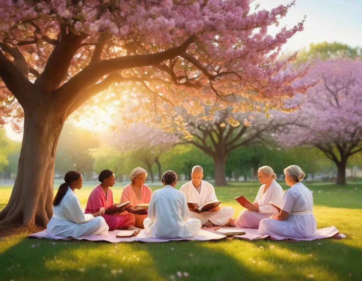 A serene landscape depicting a diverse group of patients and advocates engaging in a supportive discussion under a blooming tree symbolizing growth and healing. Include elements like medical books, ribbons, and candles to represent cancer awareness. The scene should convey hope, empowerment, and community connection, with warm, inviting colors. super-realistic. vibrant colors. soft focus.
